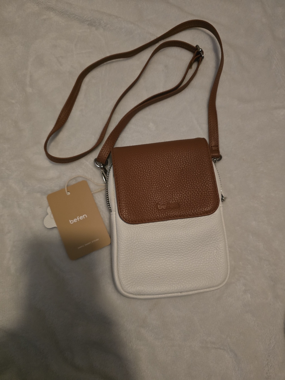 Two-Tone White and Brown Crossbody Phone Bag